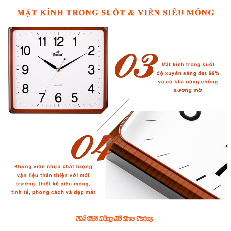 Đồng Hồ Treo Tường Cao Cấp EASTAR Viền NÂU Vân GỖ – Máy KIM TRÔI – Số Nổi 3D – Tặng Pin Maxell – BH 1 Năm