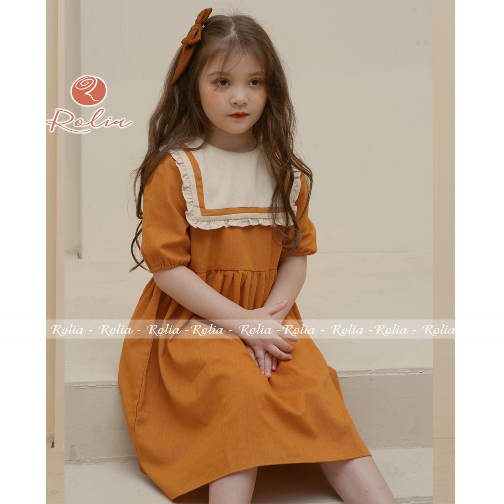 Váy cam cổ yếm phối ghi V98 chất vải linen, mặc xinh điệu sang chảnh cho bé gái từ 10-37kg