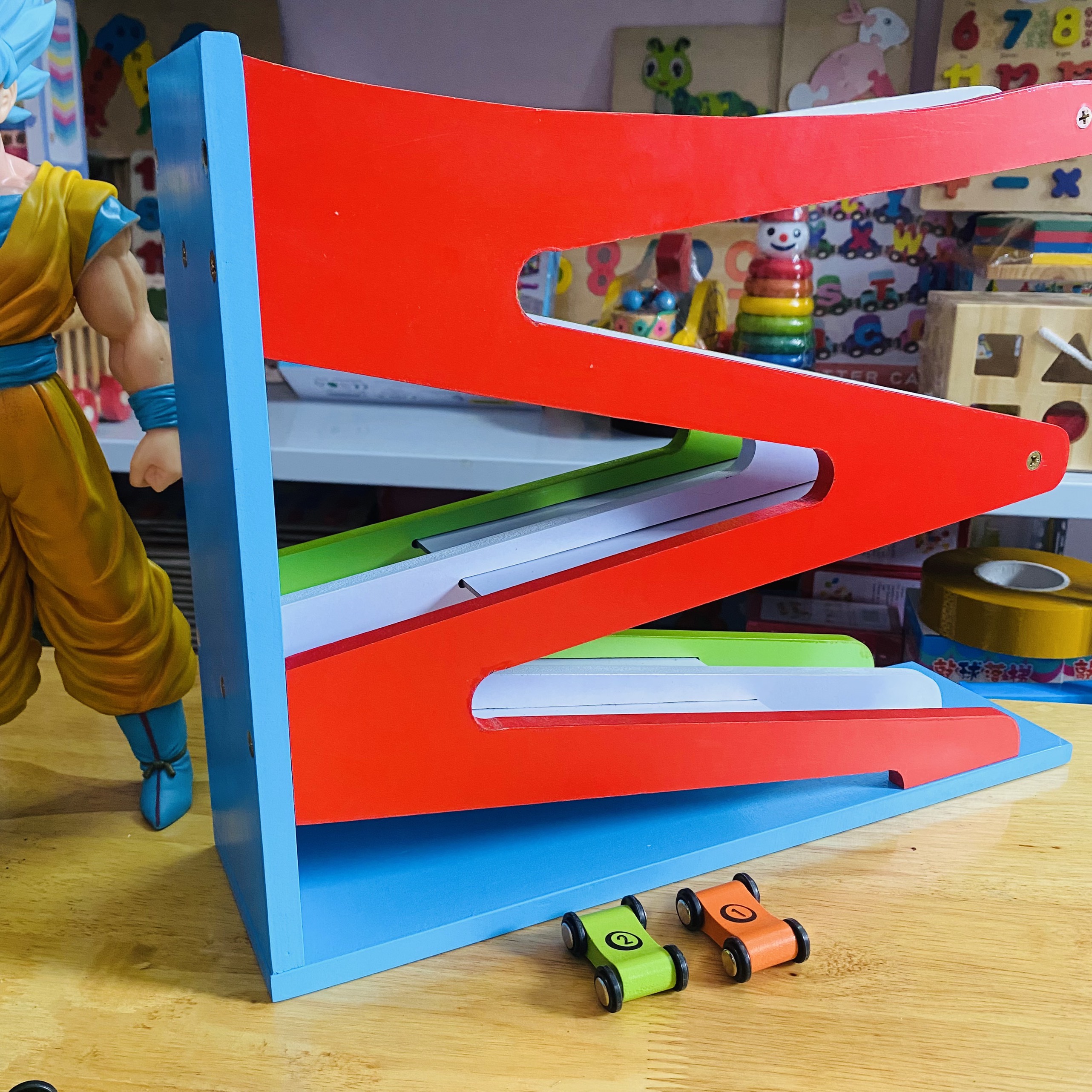 Đồ chơi xe đua cầu trượt đôi 4 tầng gỗ size to tiêu chuẩn, đồ chơi xe cầu trượt đôi zíc zắc, đồ chơi vận động cho bé