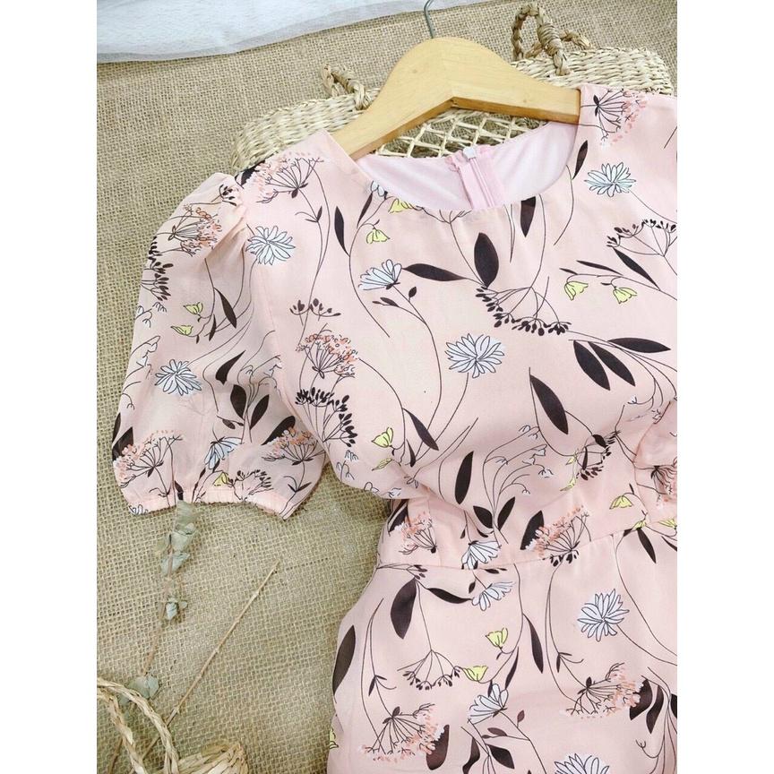 Đầm hoa nhí voan nhún eo, Váy hoa nhí đuôi cá công sở Cao Cấp dự tiệc tay ngắn cổ tròn - MiNhi Fashion