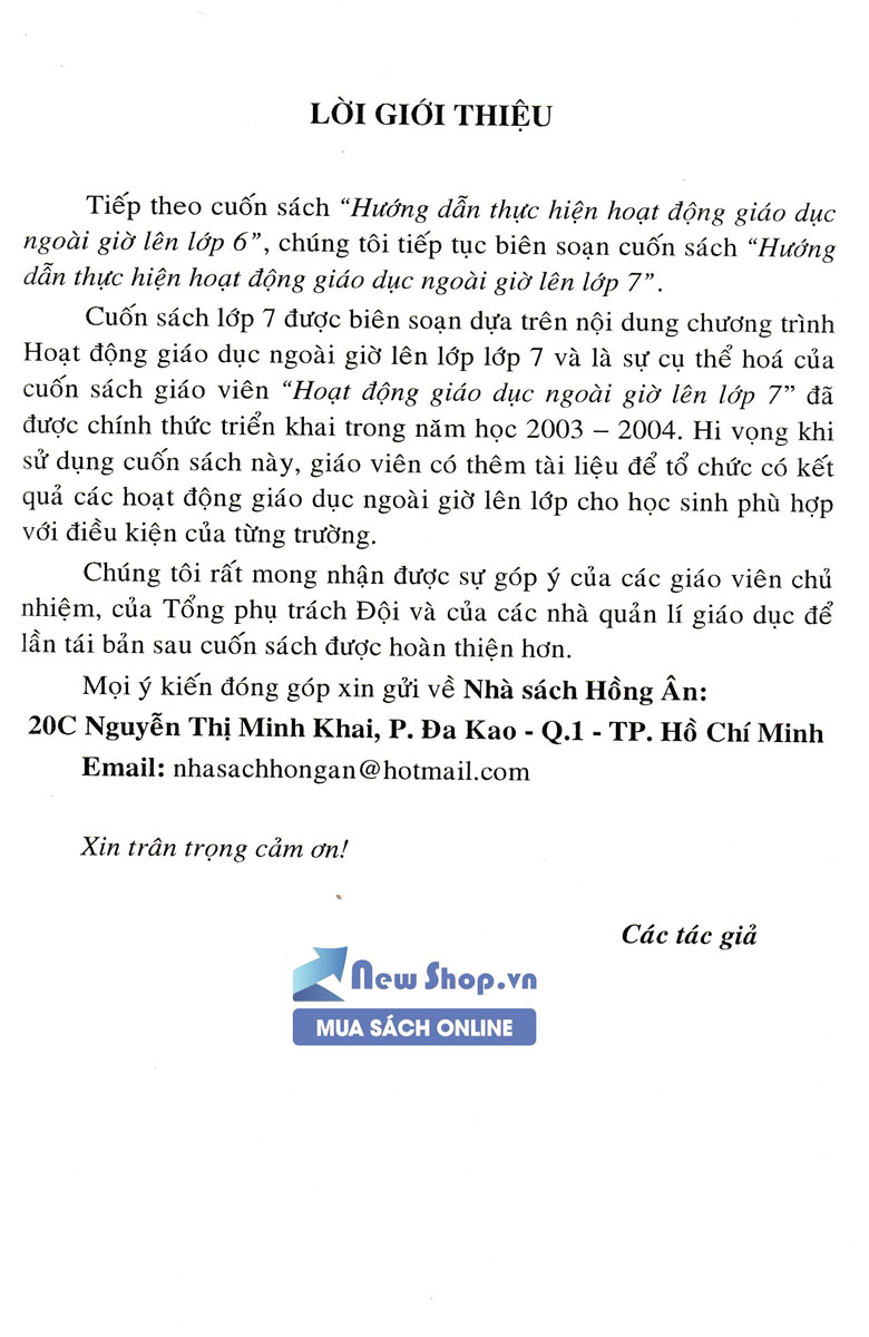HƯỚNG DẪN THỰC HIỆN HOẠT ĐỘNG GIÁO DỤC NGOÀI GIỜ LÊN LỚP - LỚP 7 - HA