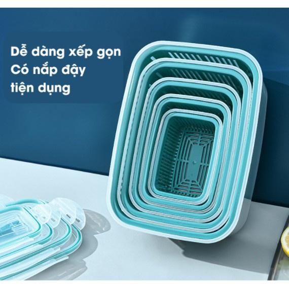 Bộ 5 Hộp Đựng Thực Phẩm Giỏ Có Nắp Đậy Khay Nhựa Kèm Rổ Ráo Nước Để Tủ Lạnh Bảo Quản Thức Ăn Tiện Dụng
