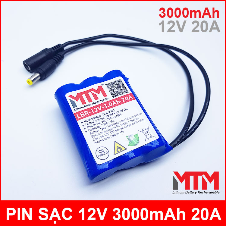 Pin sạc lithium 12V 3000mAh 3S chịu tải 20A MTM chính hãng