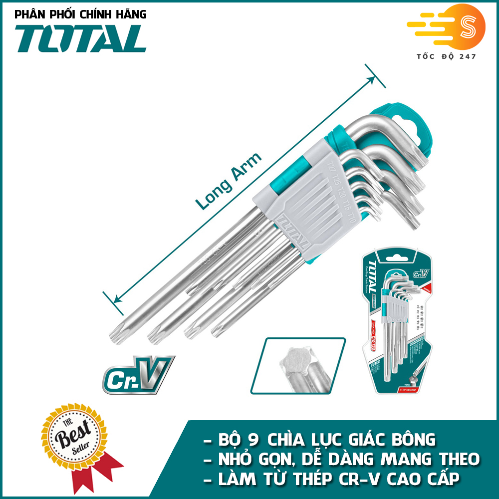 Bộ 9 chìa lục giác bông T10-T50 đa năng TOTAL THT106392 - Nhỏ gọn, chất liệu thép chuyên dụng CR-V, dễ dàng bỏ túi mang theo