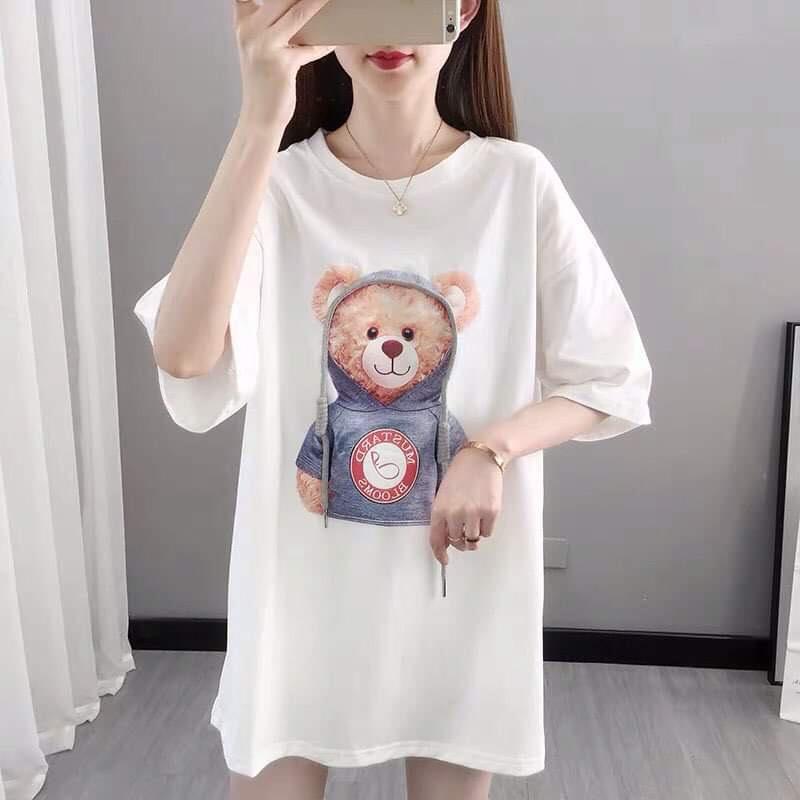 Áo Thun Nữ From Rộng Unisex Hình Gấu Đội Mũ in 5D Nét Căng, Áo Phông Form Rộng Nữ