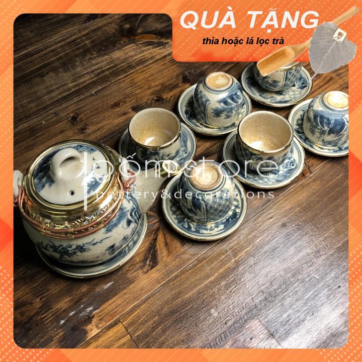 Ấm trà Bát Tràng men rạn giả cổ dáng quả dưa bọc đồng
