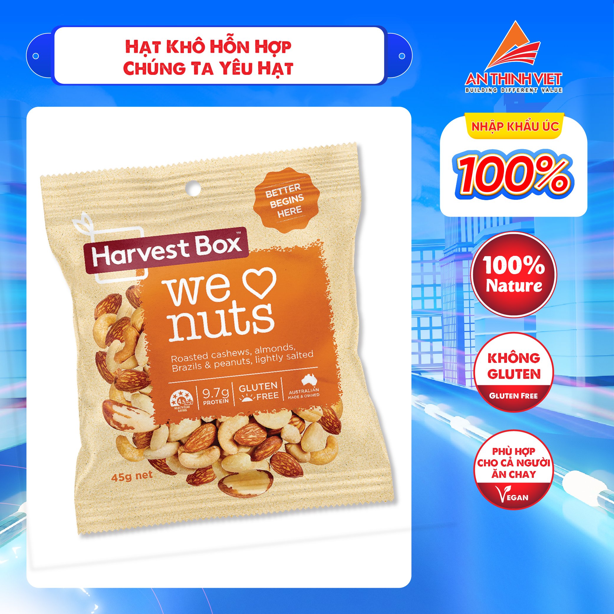 Hạt Dinh Dưỡng Hạnh Nhân, Hạt Điều We Love Nuts Harvest Box gói 45g