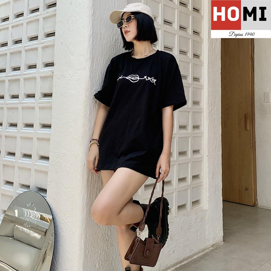 Áo thun 100% cotton co giãn 4 chiều in hình môi cách điệu - màu đen