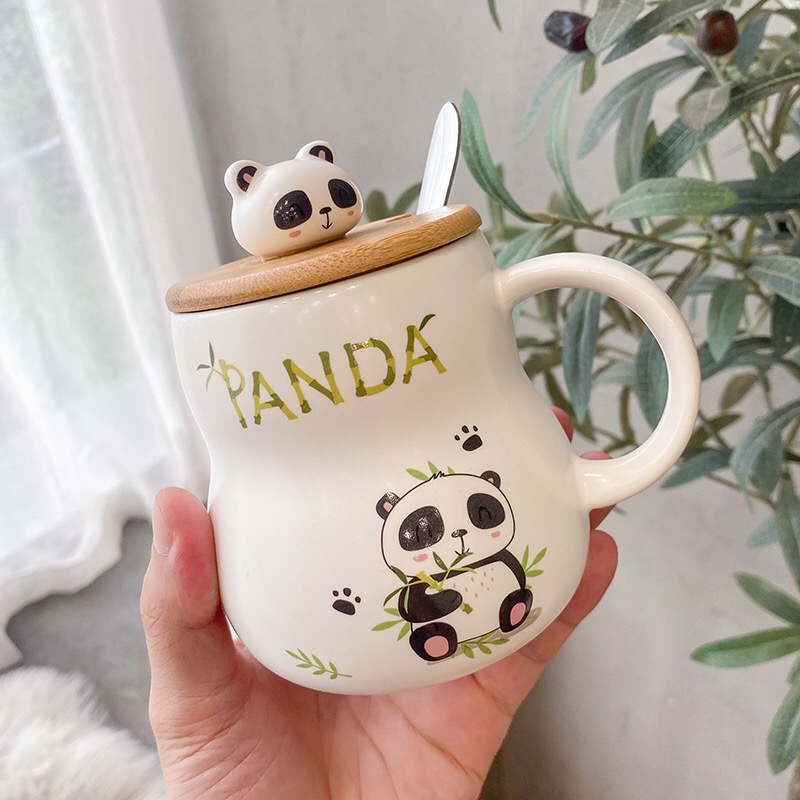 Cốc sứ Panda 400ml kèm nắp gỗ và thìa inox