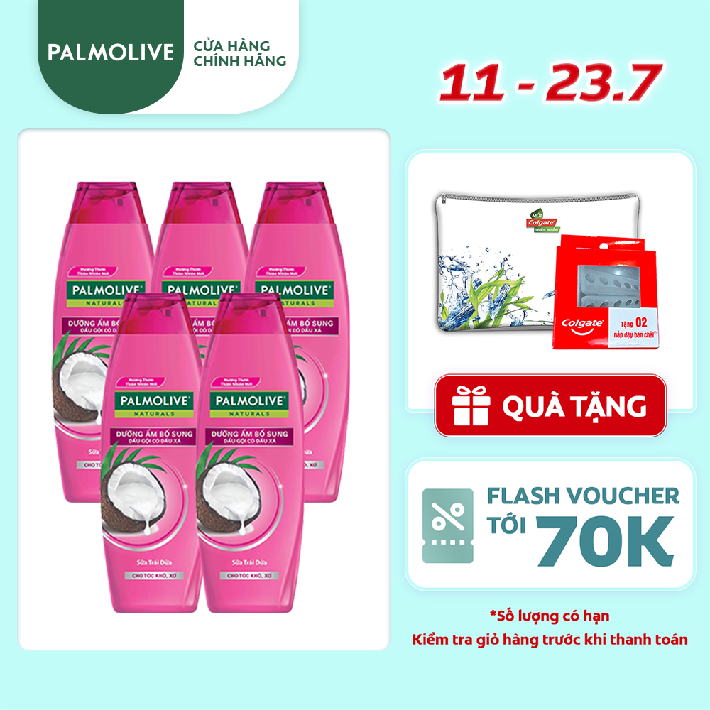 Bộ 5 chai dầu gội kèm dầu xả Palmolive Dưỡng Ẩm bổ sung từ sữa dừa &amp; protein 180ml/chai