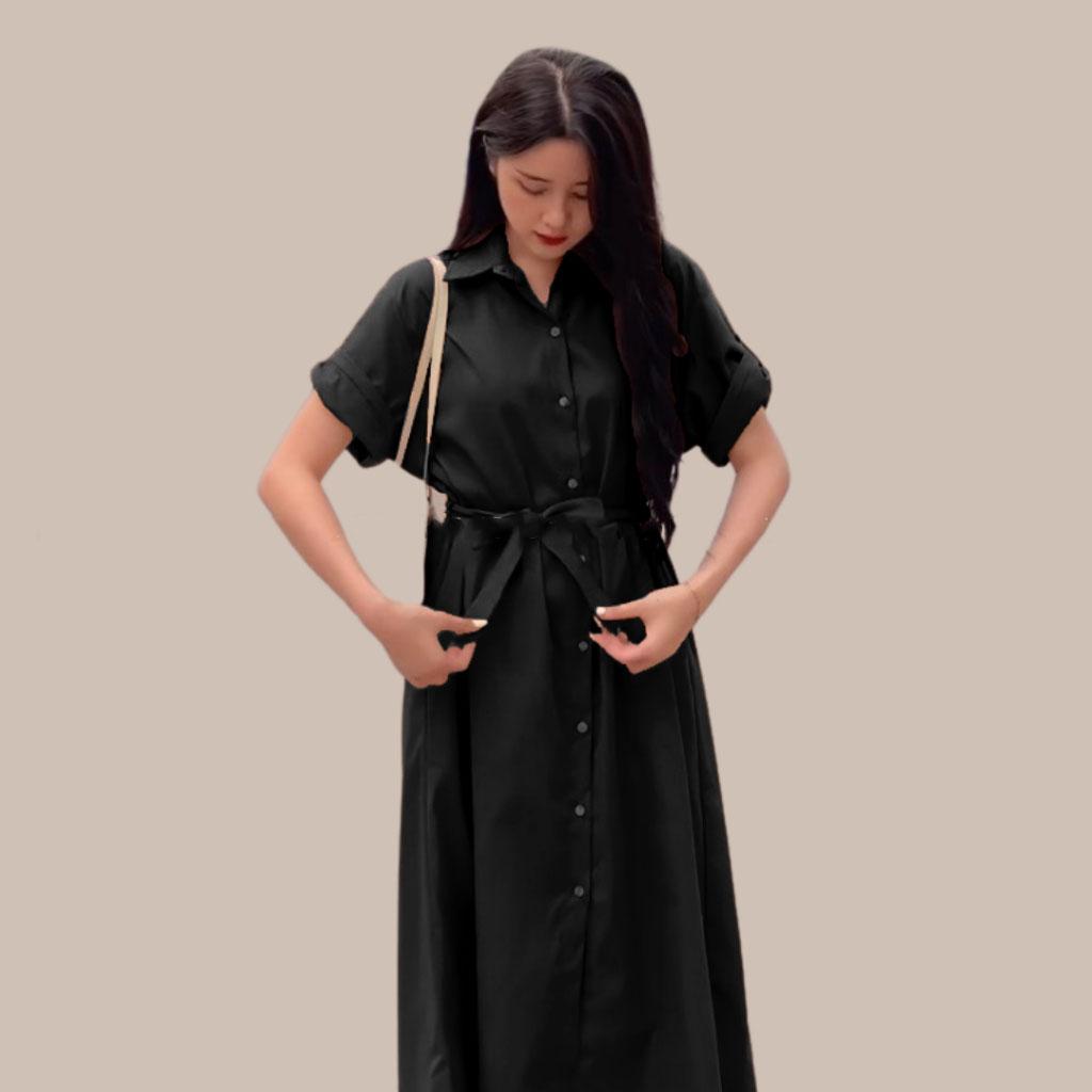 VÁY SƠ MI CỔ BẺ DÁNG DÀI PHỐI DÂY