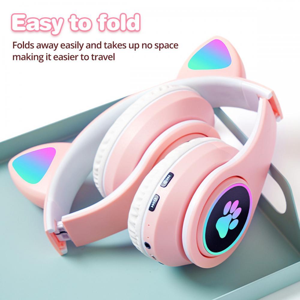 ANKNDO Bluetooth Phát Sáng Tai Mèo Nhiều Màu Sắc Tai Nghe Có Mic Stereo Di Động Có Thể Gập Lại Âm Nhạc Đầu Tai Nghe Không Dây