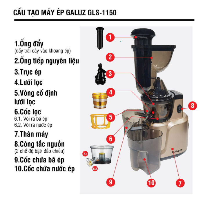 Máy Ép Chậm GALUZ GLS-1150 Công Suất 150W 2 Trong 1 Vừa Ép Vừa Vắt Cam Thương Hiệu Pháp - Hàng chính hãng Galuz