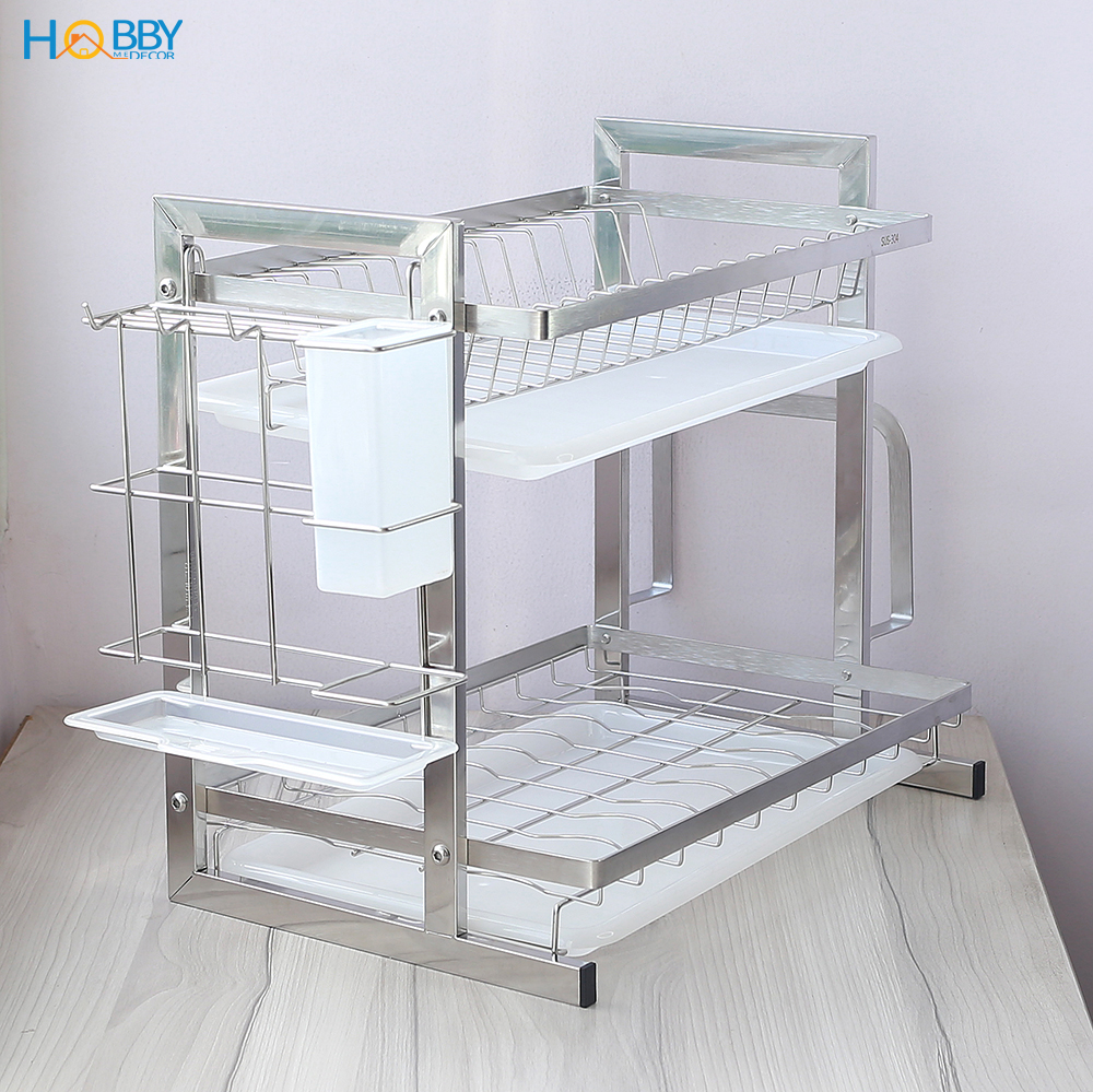 Kệ chén đa năng 2 tầng inox 304 Hobby Home Decor KC2T kèm khay hứng nước, ống đũa, giá treo thớt không rỉ sét