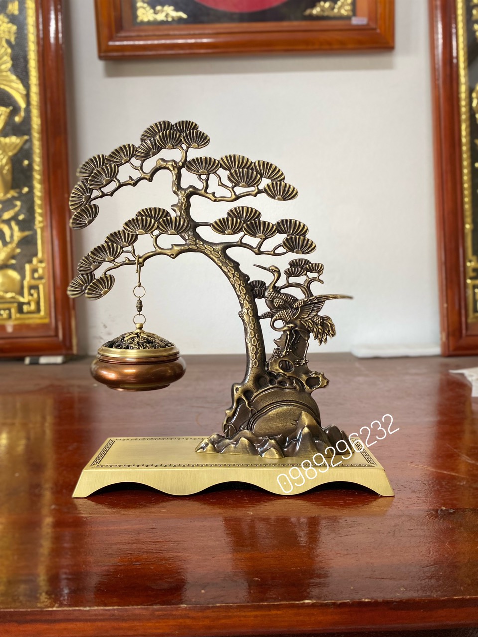 Xông trầm treo cây Tùng Hạc bằng đồng - lư xông trầm treo cây tùng hạc