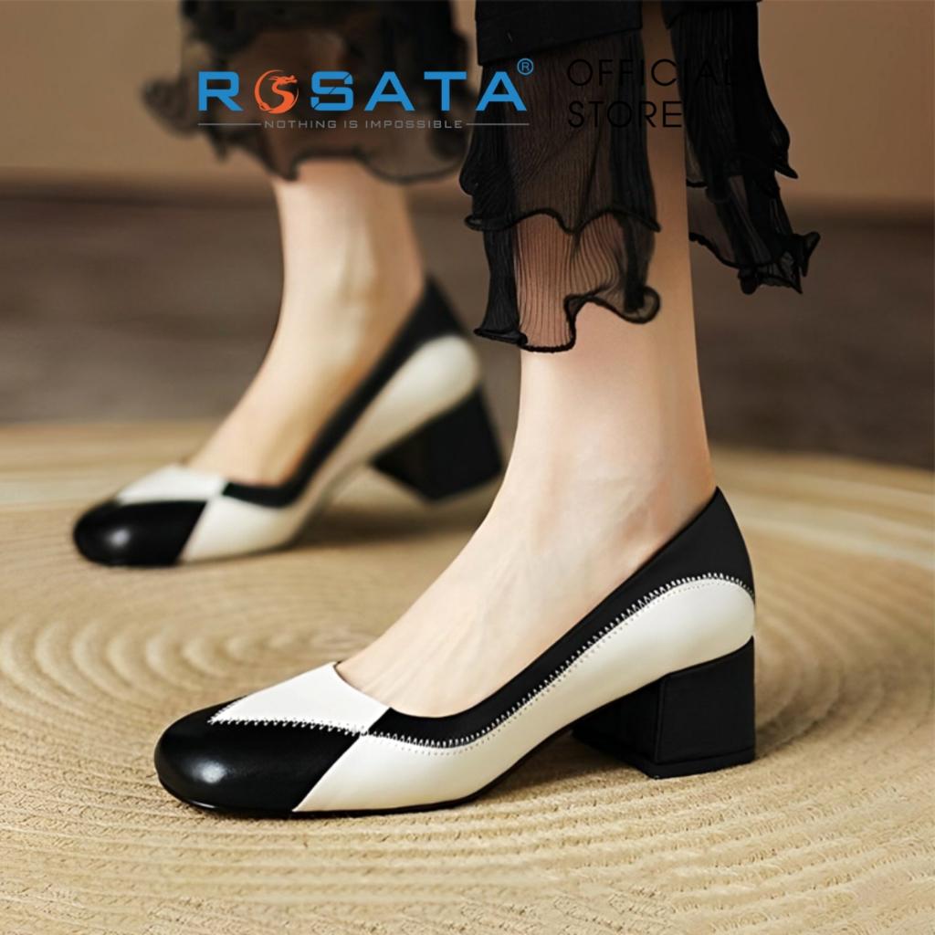Giày búp bê nữ cao gót 4 phân mũi tròn đi tiệc da mềm phối màu ROSATA RO414 - Đen