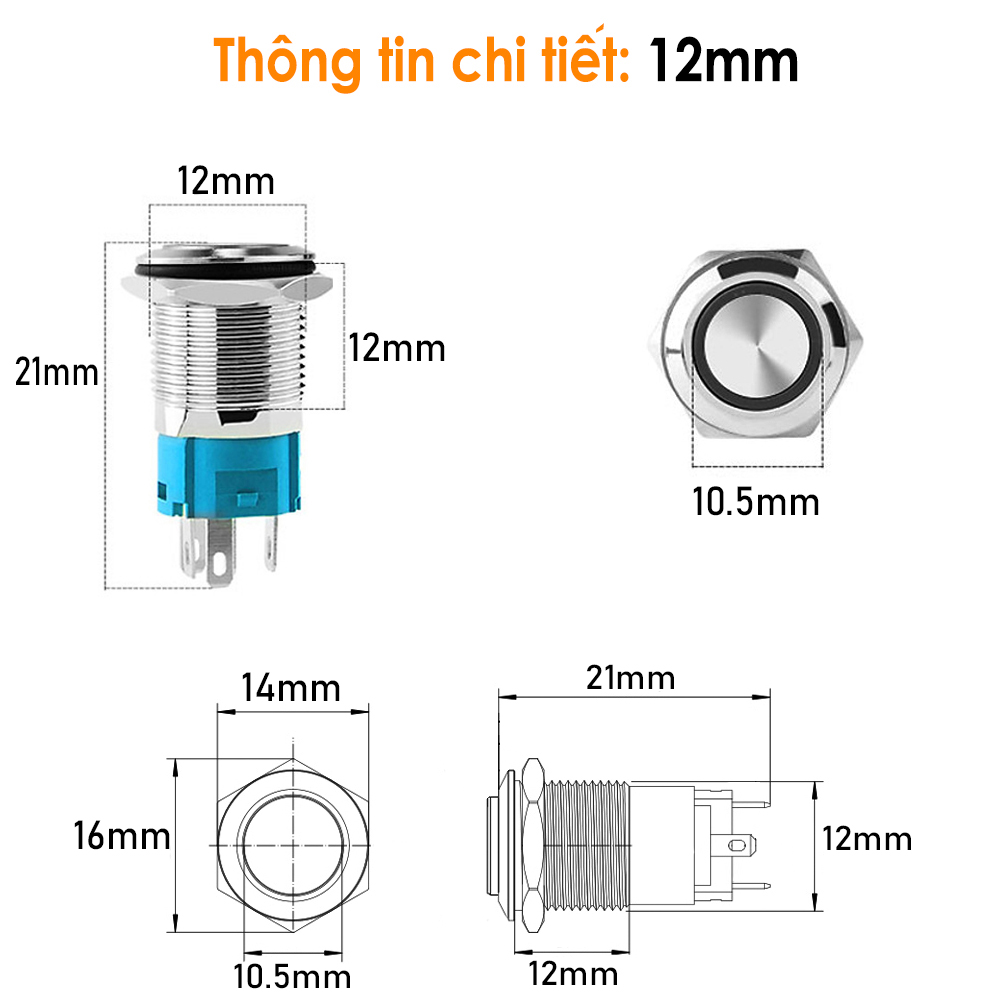 Nút nhấn công tắc tự khóa 12mm (3-6V, 12-24V, 110-220V) Vỏ INOX chống thấm nước