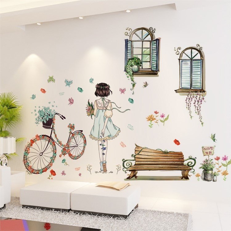 Decal dán tường cô gái thơ mộng bên khung cửa sổ