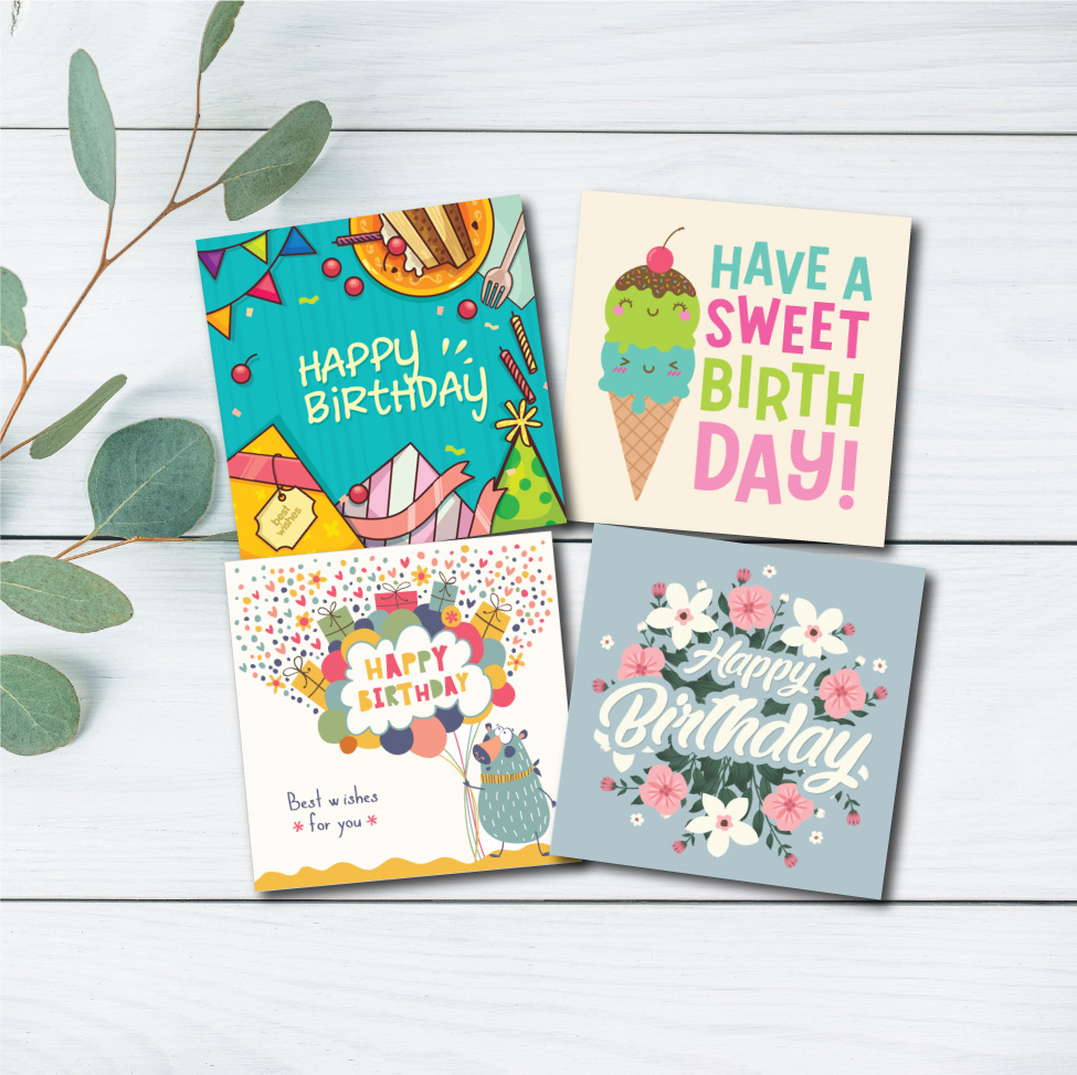 Combo 4c thiệp sinh nhật Birthday - Thiệp Grey 9x9cm