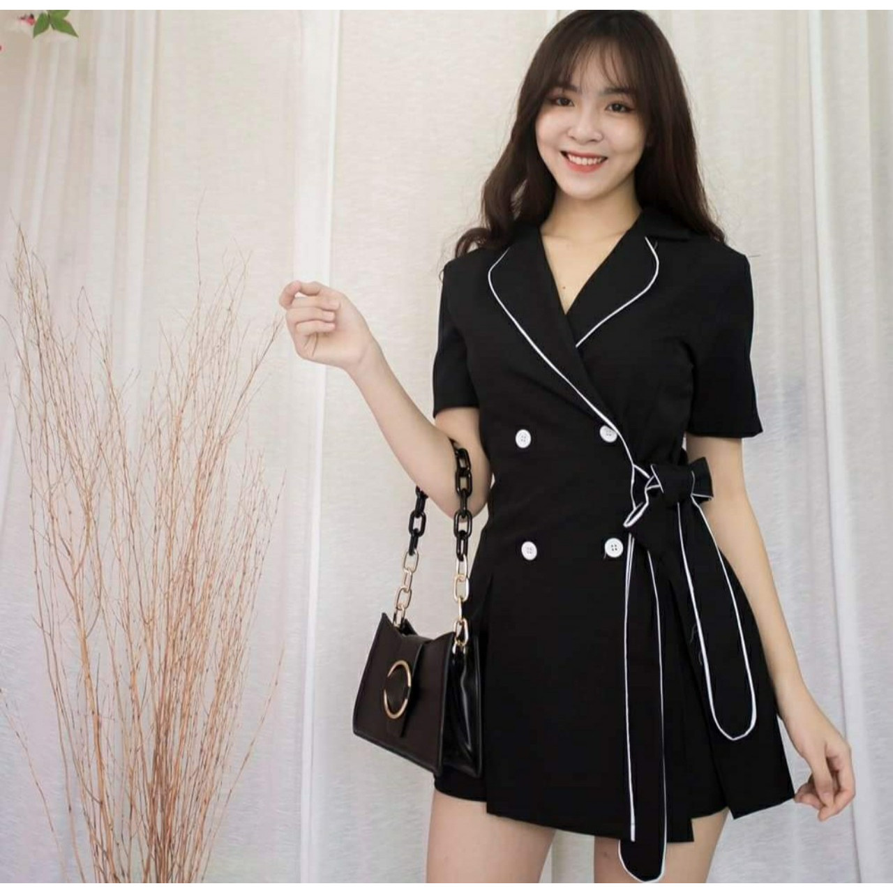 Set đầm công sở cotton mịn có nơ thắt eo- Set công sở cổ vest - Set đồ công sở - Set vest