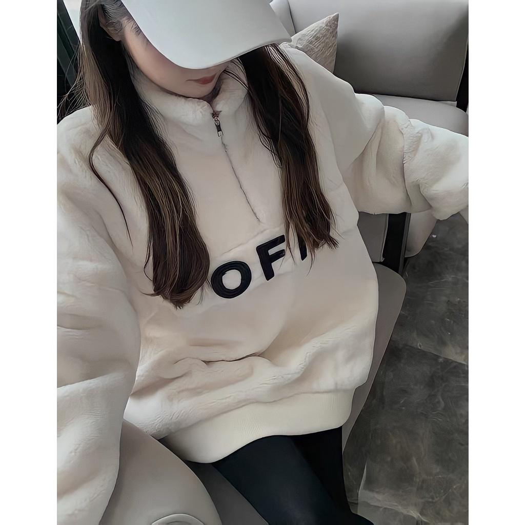 Áo Sweater Nỉ Zip Nữ Vải Lông Cổ Cao Dáng Thụng Thêu Chữ OFF