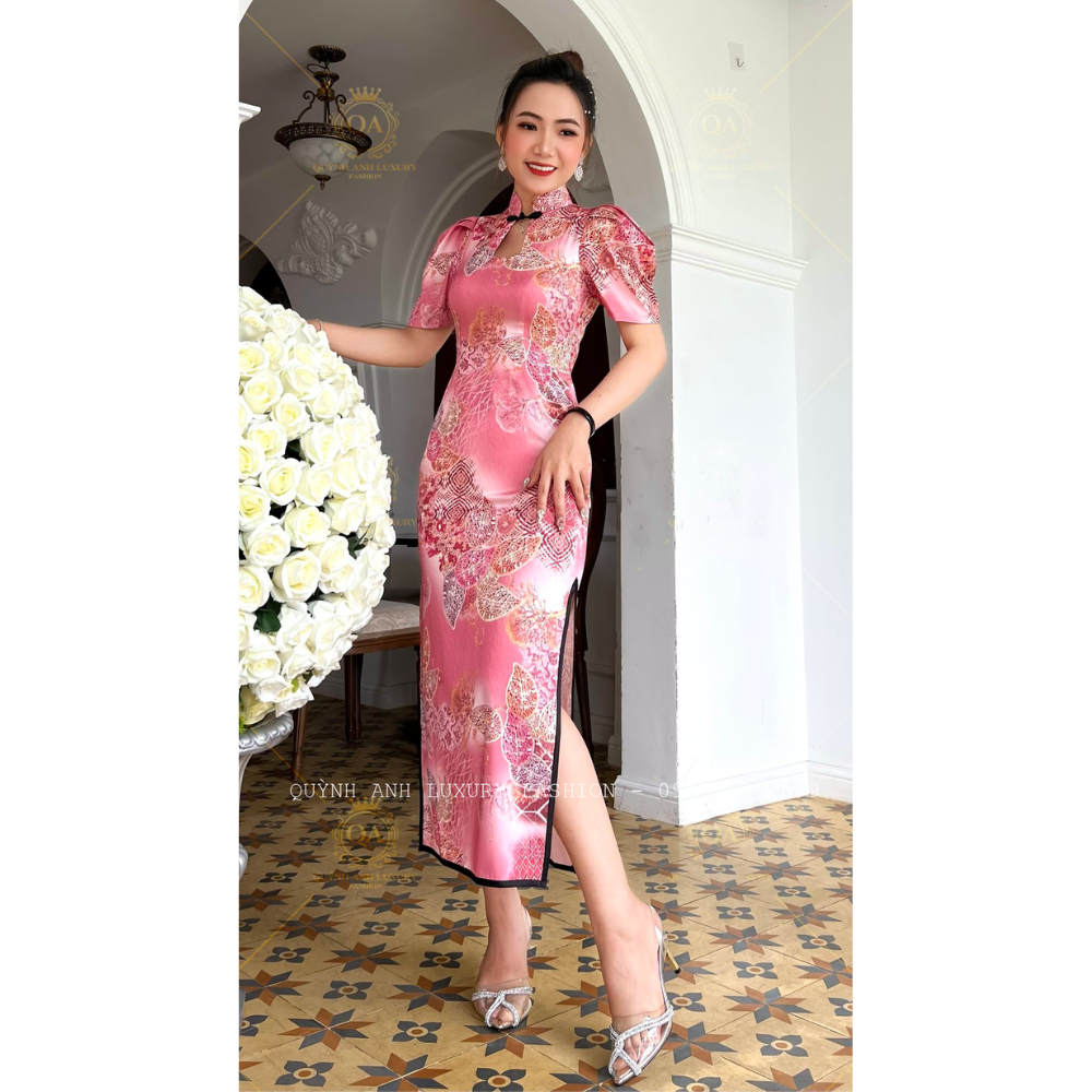 Sườn Xám Cổ Tàu Trung Hoa Lụa Ánh Kim Tone Hồng Sang Trọng Mia Dress