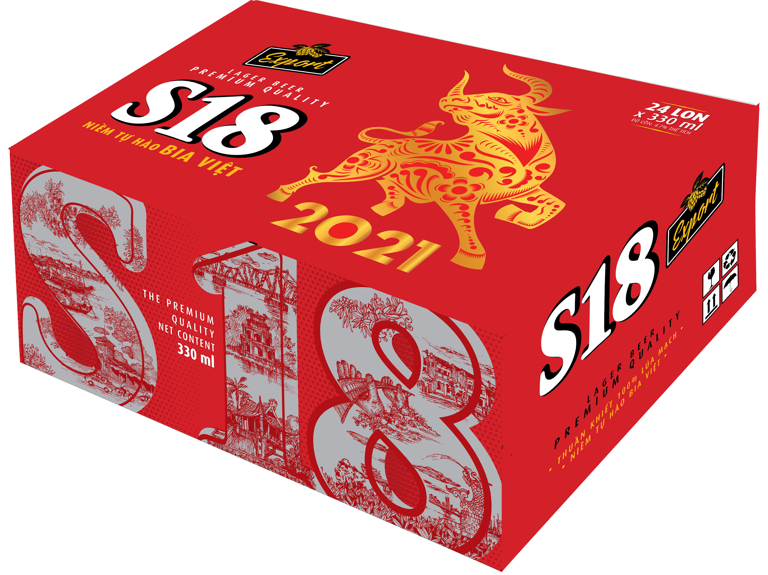 Thùng Bia S18 Export Mẫu 2021, 24 Lon x 330ml, Lon Cao
