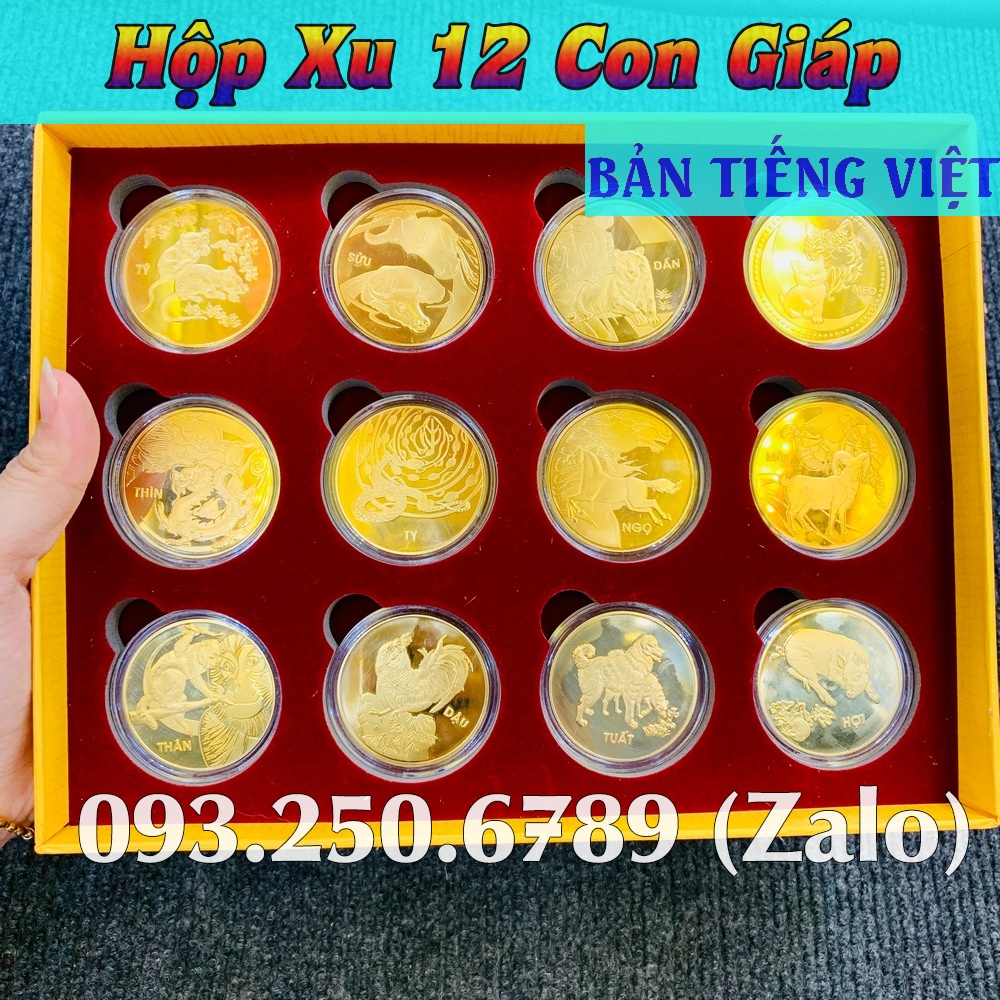 Bộ Đồng Xu 12 Con Giáp Mạ Vàng - Kèm Hộp Đỏ Sang Trọng Phong Thuỷ May Mắn