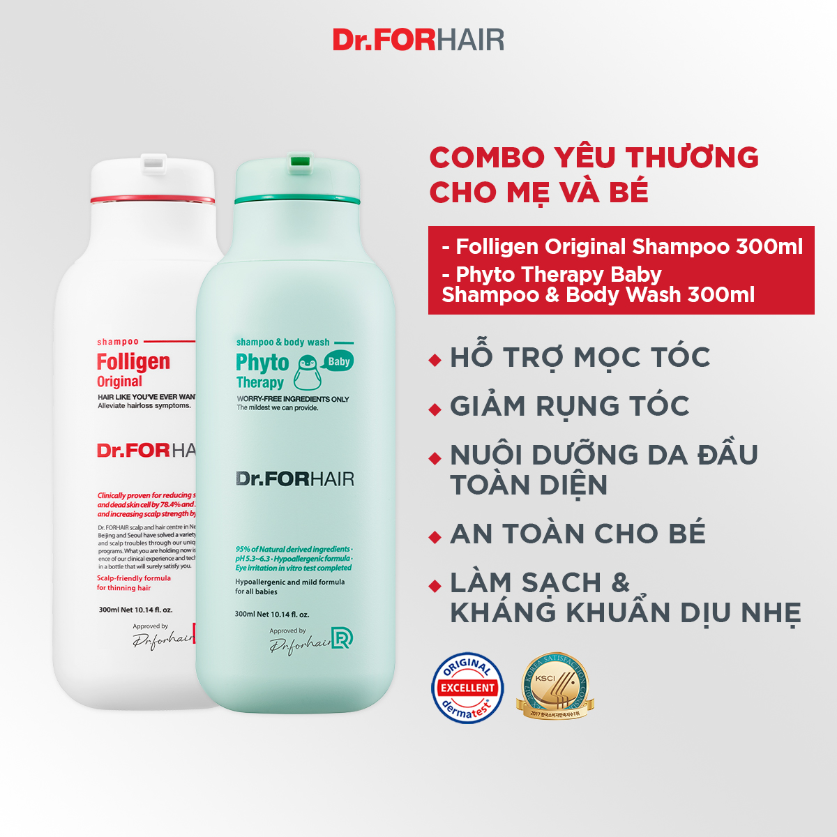 Combo gội cho mẹ và tắm gội cho bé chiết xuất từ thực vật Dr.FORHAIR Folligen Original Shampoo 300ml x Phyto Therapy Baby Shampoo &amp; Body Wash 300ml