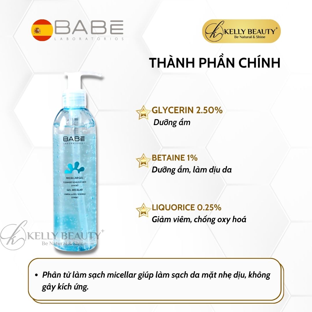 Gel Tẩy Trang Rửa Mặt BABE Micellar Gel - Làm Sạch Dịu Nhẹ, Dưỡng Ẩm Giúp Da Mềm Mại, Mịn Màng | Kelly Beauty