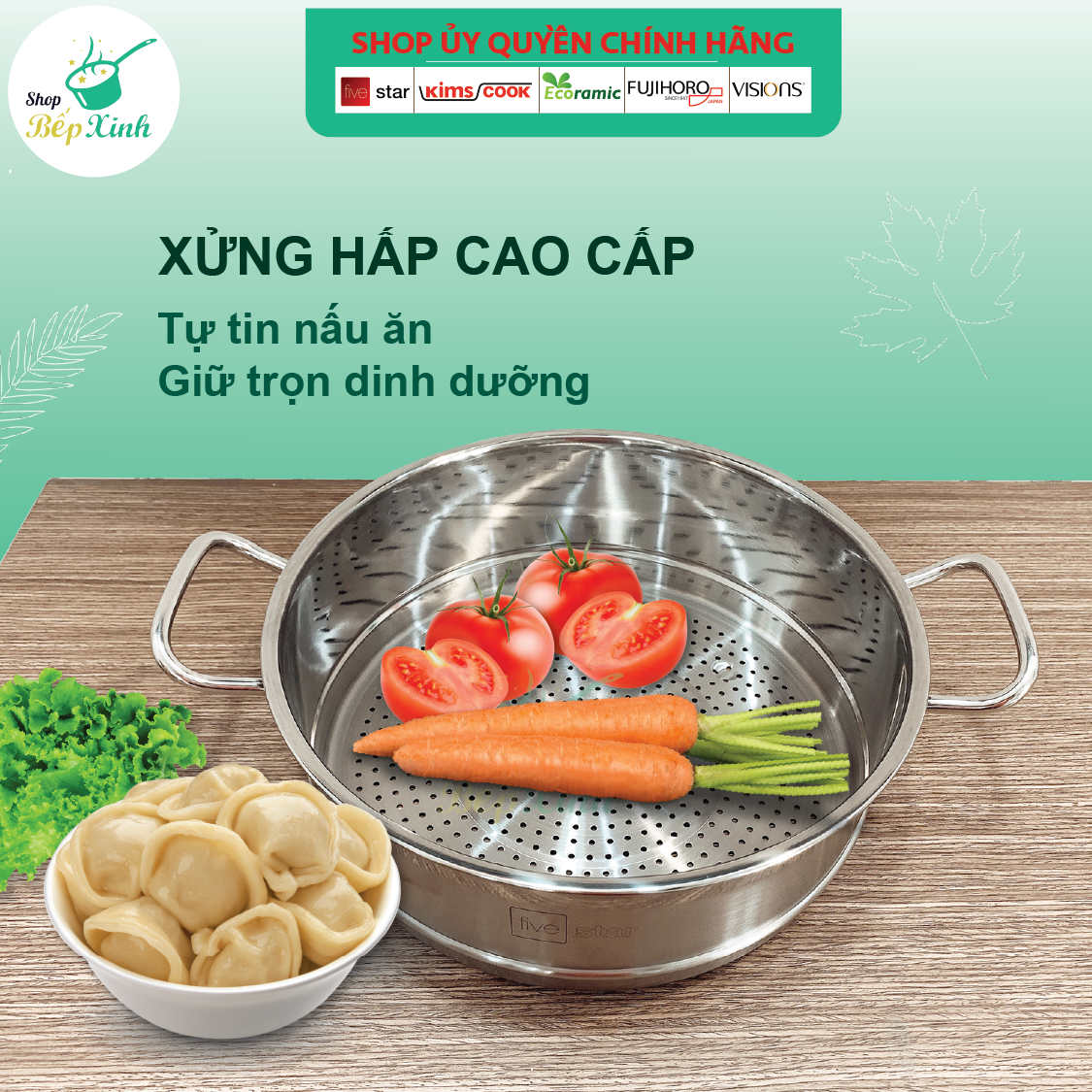 Nồi lẩu xửng hấp inox cao cấp Fivestar 3 đáy từ nắp kính ( tặng 2 vá canh ) - hàng chính hãng