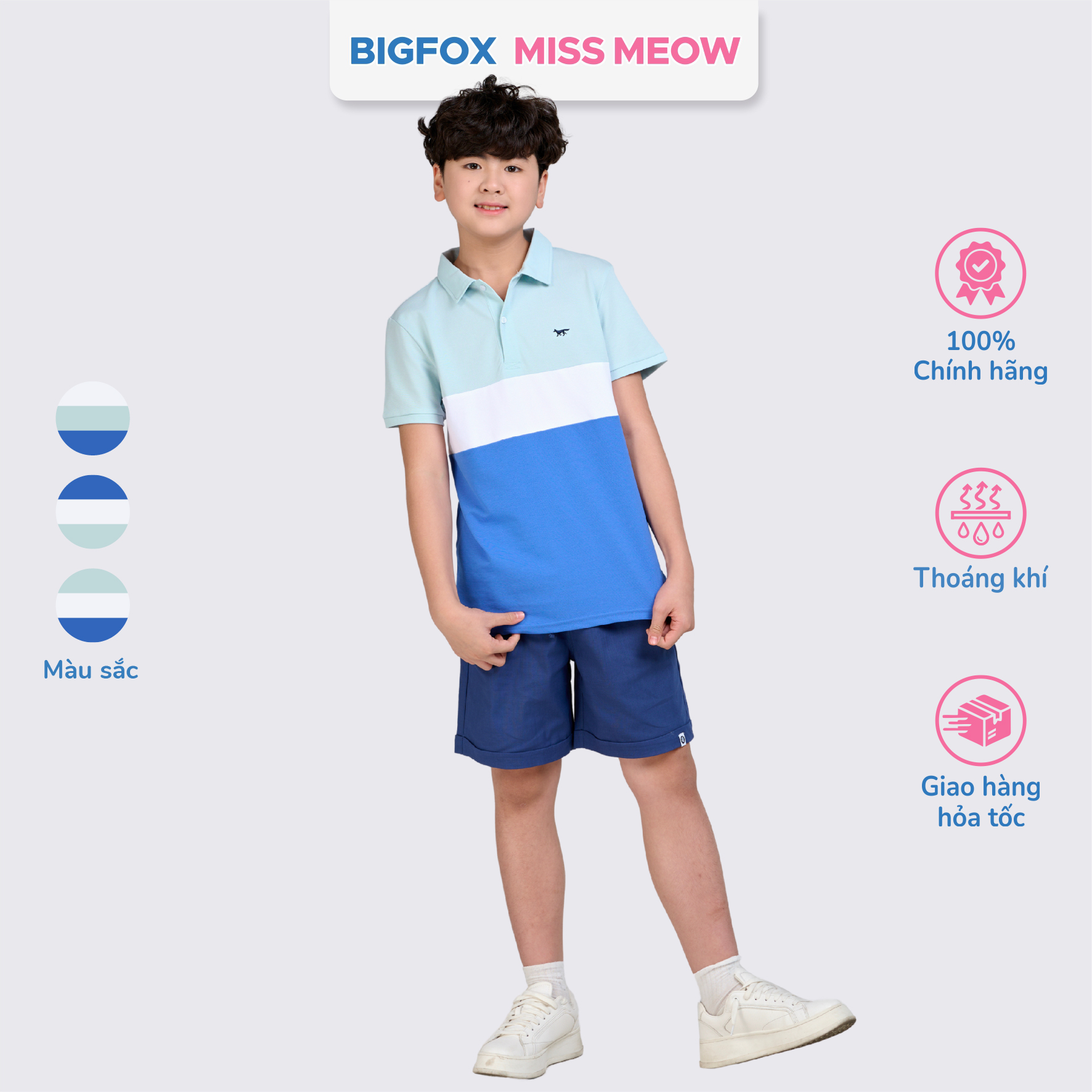 Áo polo bé trai Bigfox Miss Meow chất cá sấu, áo có cổ đồng phục đi học size đại 7-15 tuổi 50kg