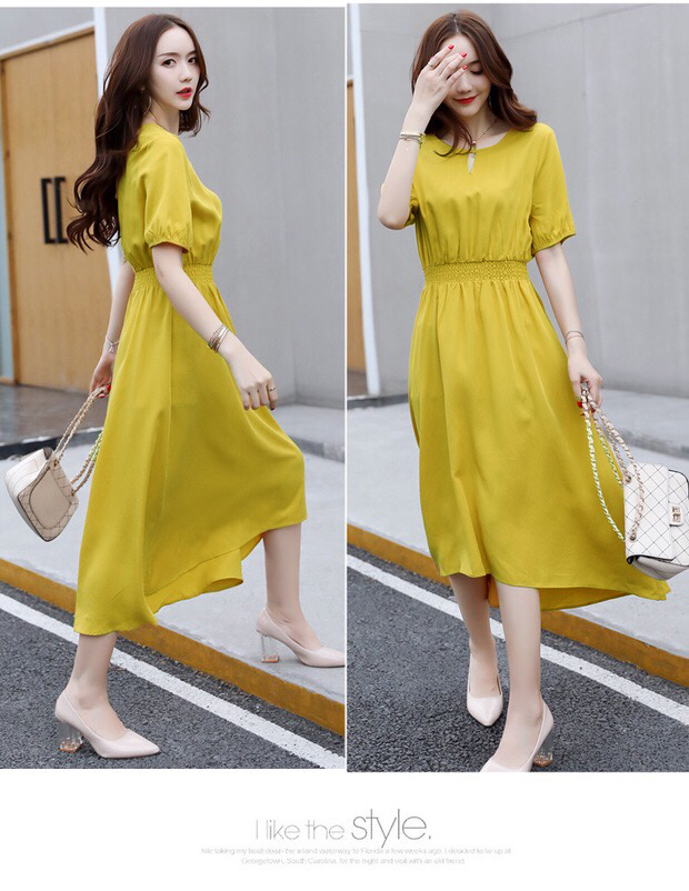 Đầm suông voan eo nhún thun màu vàng vintage - VN111801