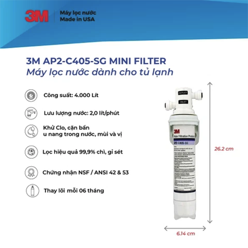 Máy Lọc Nước 3M Mini Fitler AP2-C405-SG Nước Uống Trực Tiếp Hoặc Gắng Vào Tủ Lạnh Side-By-Side - Hàng Chính Hãng 3M