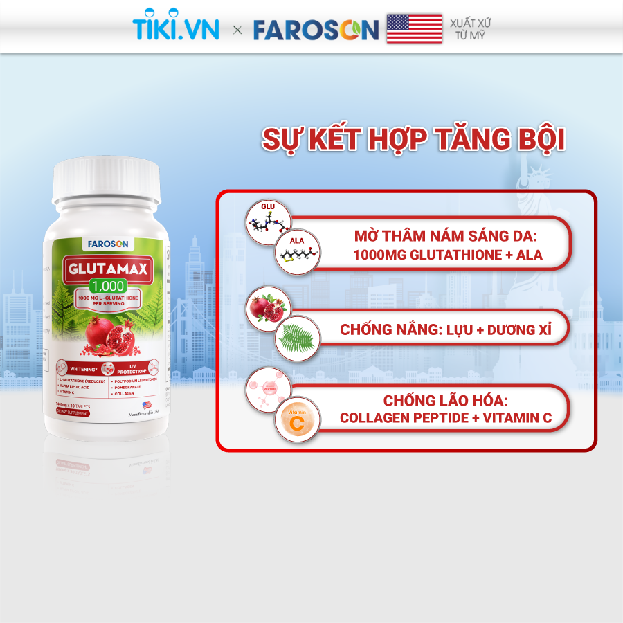 Combo 3 hộp viên uống glutathione Faroson Glutamax 1000 trắng da mờ nám chống nắng 30 viên