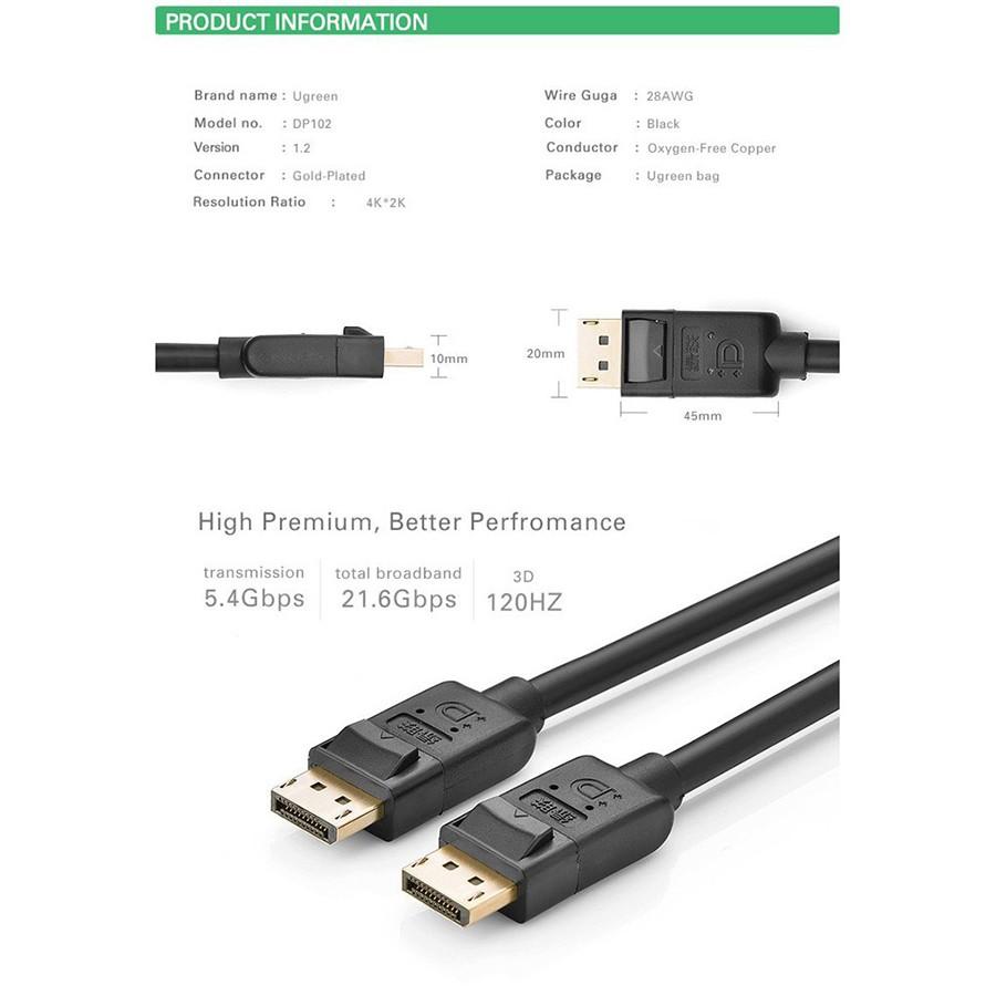 Cáp Displayport Ugreen 10245 dài 1,5m chuẩn 1.2 chính hãng - Hàng Chính Hãng