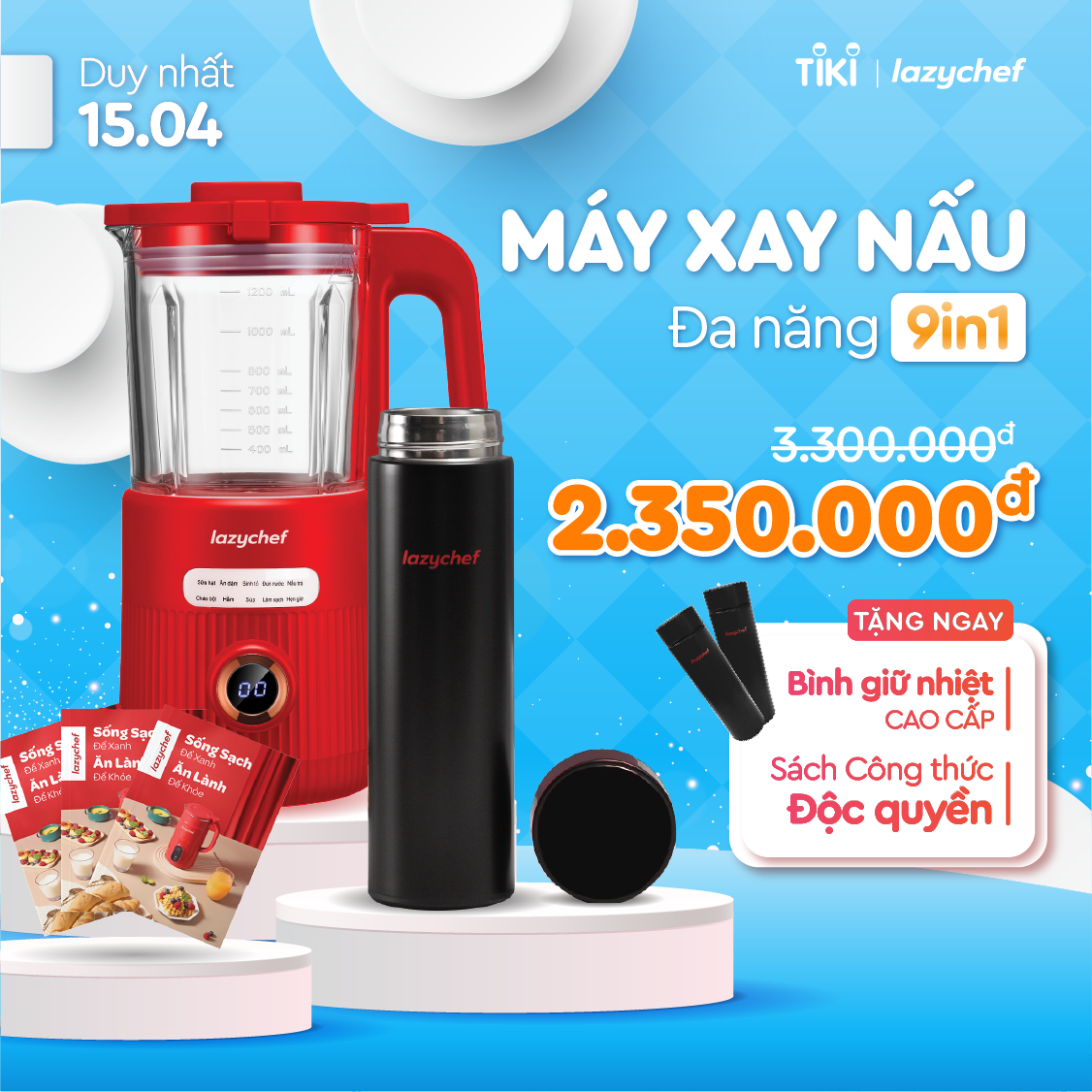 Máy Xay Nấu Đa Năng 9in1 LazyChef 1200ml, Máy Xay Sữa Hạt, Nồi Hầm Cháo Chậm, Bình Nấu Trà Kết Hợp Làm Sữa Hạt LazyChef - Hàng Chính Hãng