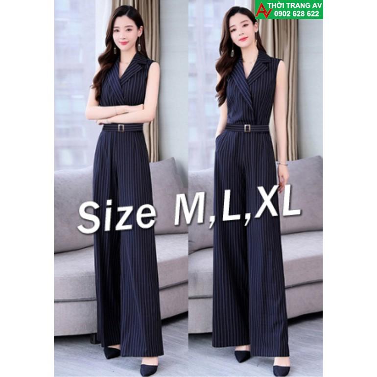 Jumpsuit - Đồ bay dài ống suông cổ vest kẻ sọc thắt lưng kèm belt - AV6462