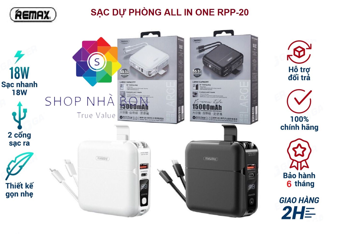 Pin sạc dự phòng đa năng QC3.0 + PD3.0. Remax RPP-20 18W 15000mAh- Hàng nhập khẩu