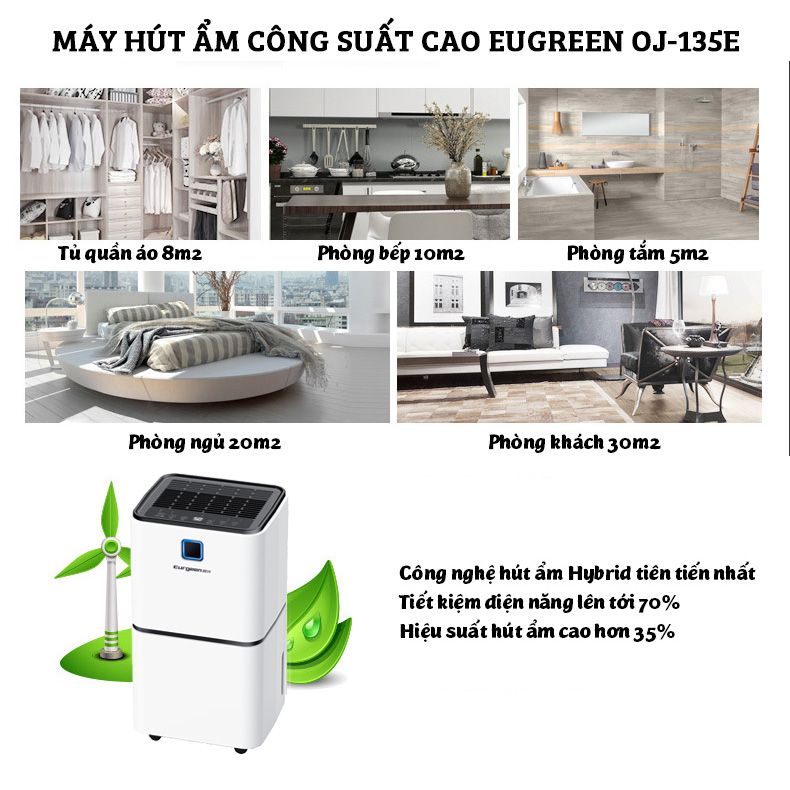 Máy hút ẩm công suất cao 250W EUGreen OJ-135E làm khô phòng chống nồm ẩm sấy quần áo diệt khuẩn tạo ion âm