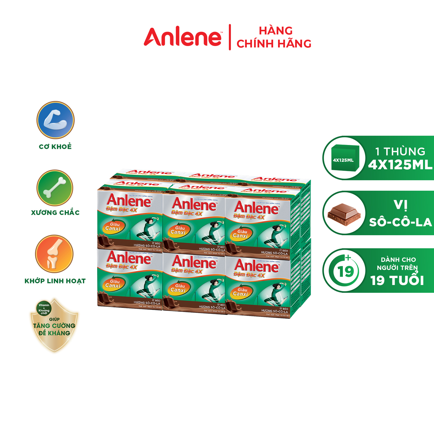 Thùng 48 Hộp Sữa Anlene Đậm Đặc 4X Ít Béo Hương Sô-Cô-La (12 x 4 x 125 ml)