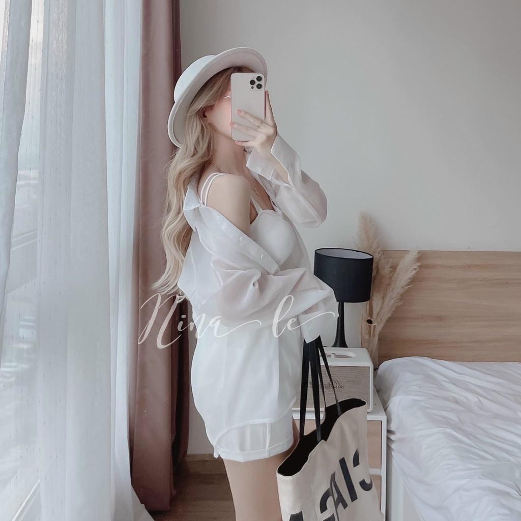 Set 3 món trắng áo crop 2 dây kèm khoác sơ mi tay dài phối quần đùi short mâu nina lê cá tính thể thao
