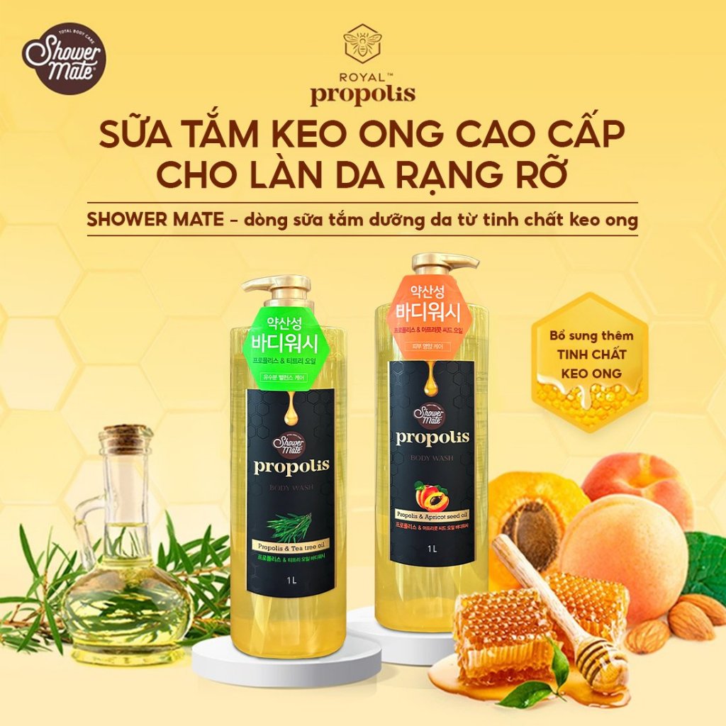 Sữa tắm keo ong sạch sâu, cân bằng độ ẩm, dưỡng da mềm mịn AEkyung showermate Honeyrop Propolis 1000ml