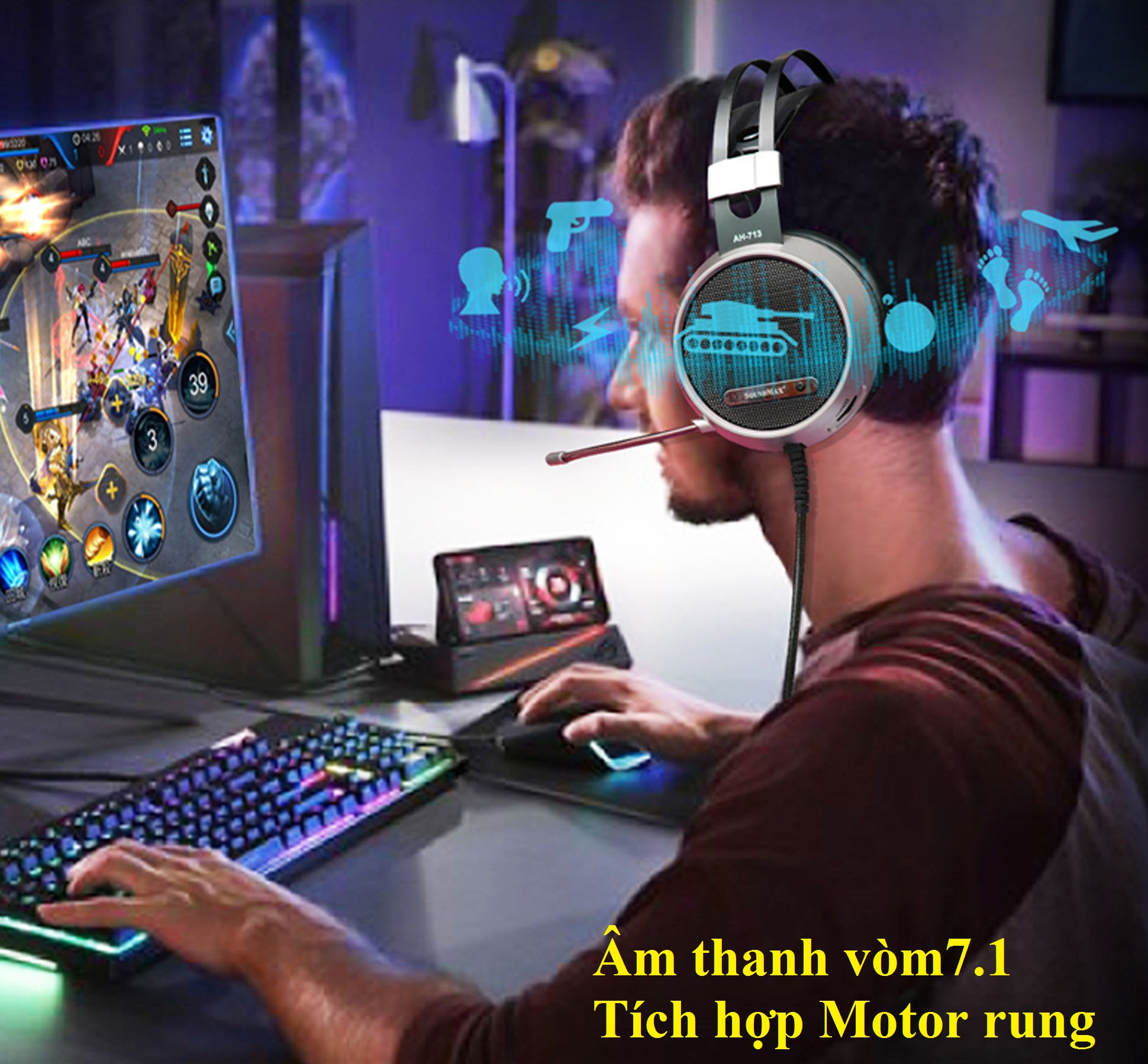 Tai nghe gaming 7.1 chụp tai 1 chân cắm USB SOUNDMAX AH-713 - Hàng chính hãng