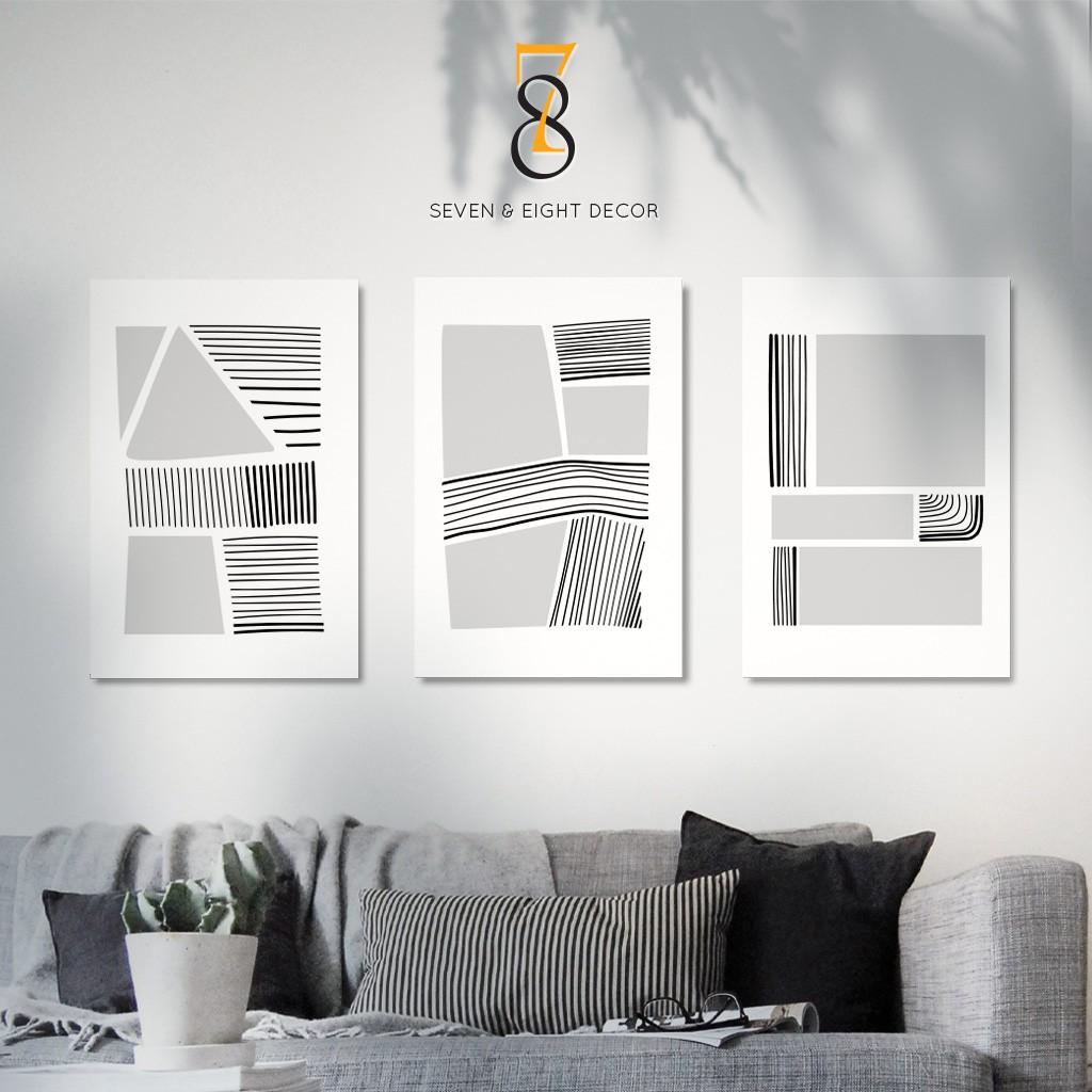 Bộ 03 Tranh Canvas | Monochrome Abstract 3FVABS010 | Tranh Căng Khung Cao Cấp | Tặng Kèm Đinh Đa Năng