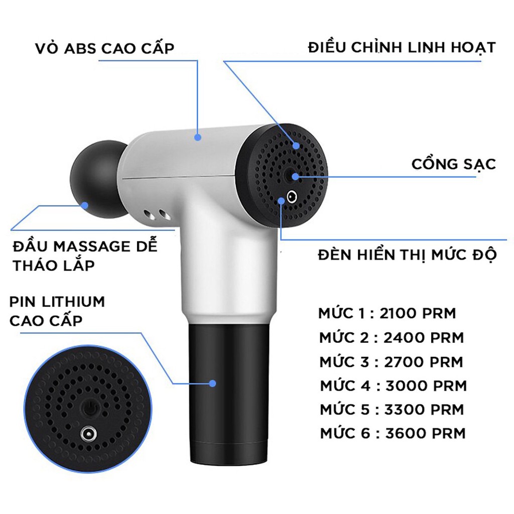 Máy massage toàn thân cầm tay Fascial Gun KH-320 (4 đầu, 6 chế độ)) giảm đau nhức mõi vai gáy,thắt lưng, căng cơ