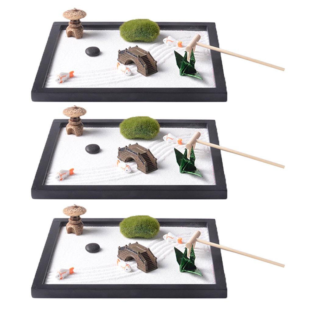 3pcs Zen Garden Set-Sand, Bridge, Chair, Paper Crane, Sand Tray Micro Landscape