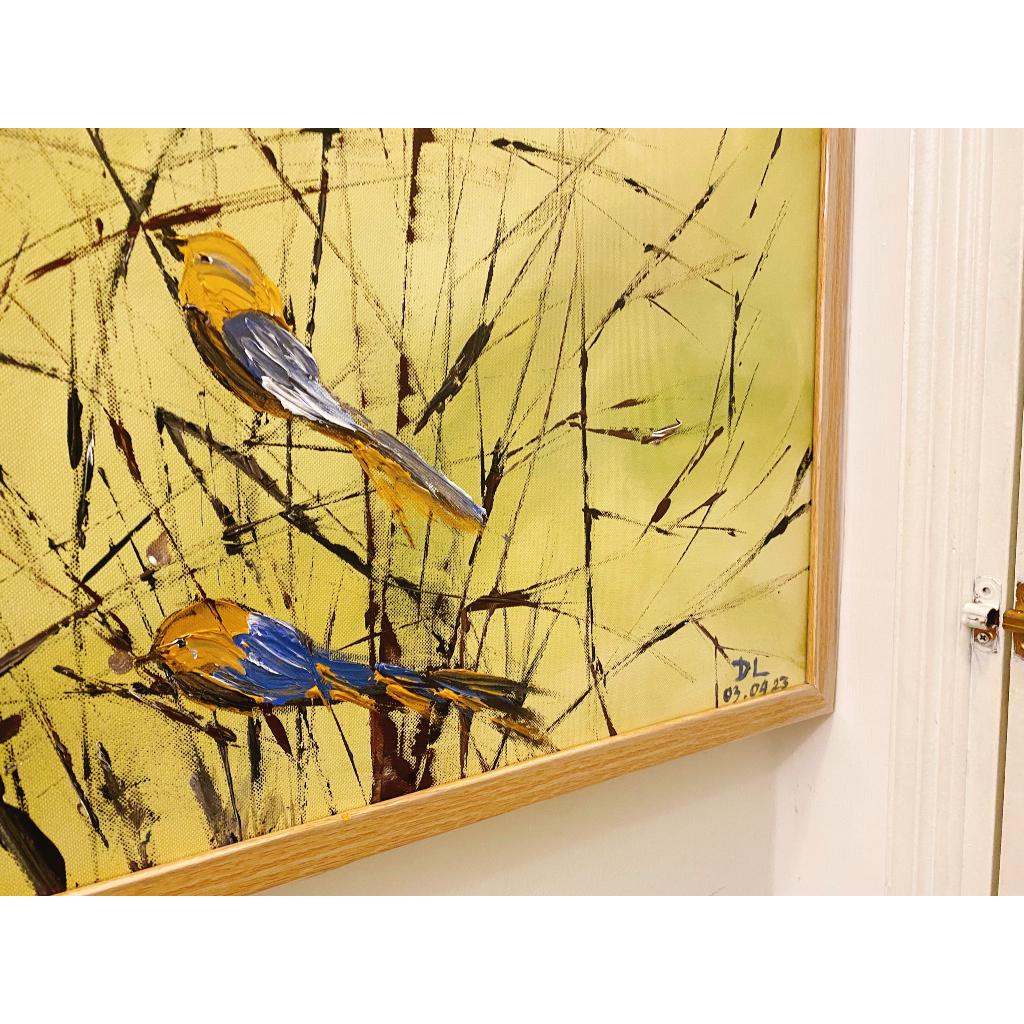 Tranh quà tặng ý nghĩa - Tranh canvas vẽ tay nghệ thuật- Tranh Nhà Liên- Tranh vẽ những chú chim và cánh đồng