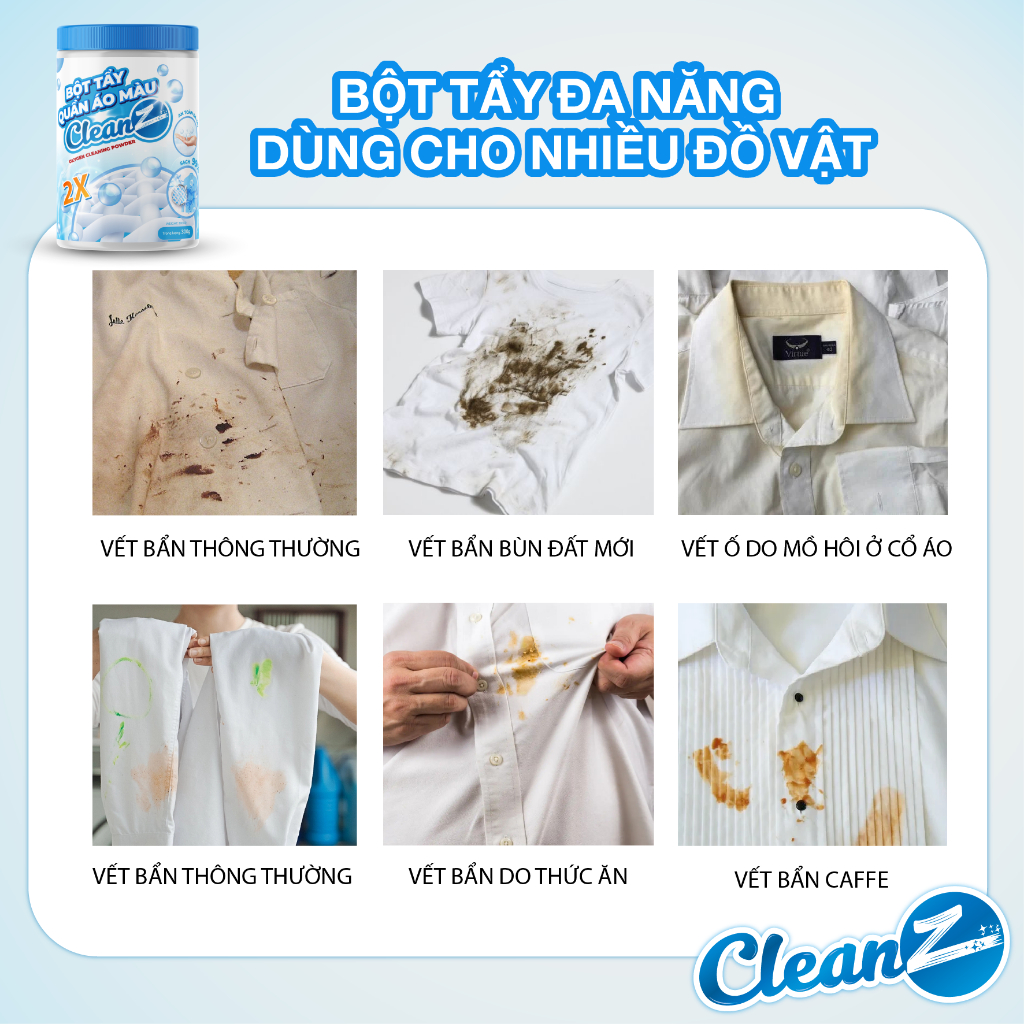 Bột tẩy quần áo màu CleanZ 300g đánh bay vết bẩn, ố màu giúp làm sạch quần áo như mới