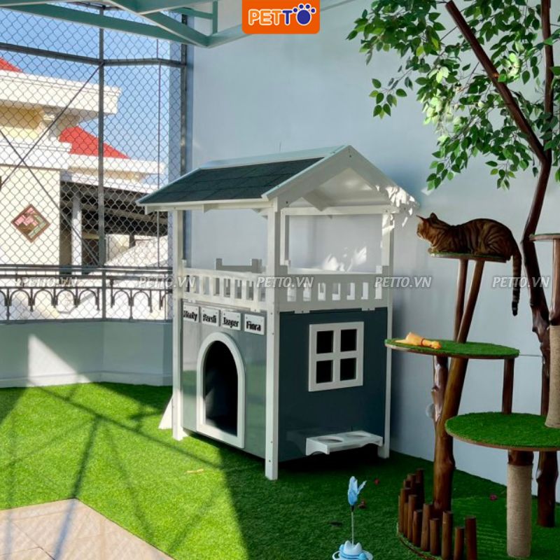 Nhà cho chó ngoài trời bằng GỖ thiết kế chắc chắn 2 tầng có BAN CÔNG cho chó vui chơi BẢO HÀNH 1 NĂM DH019